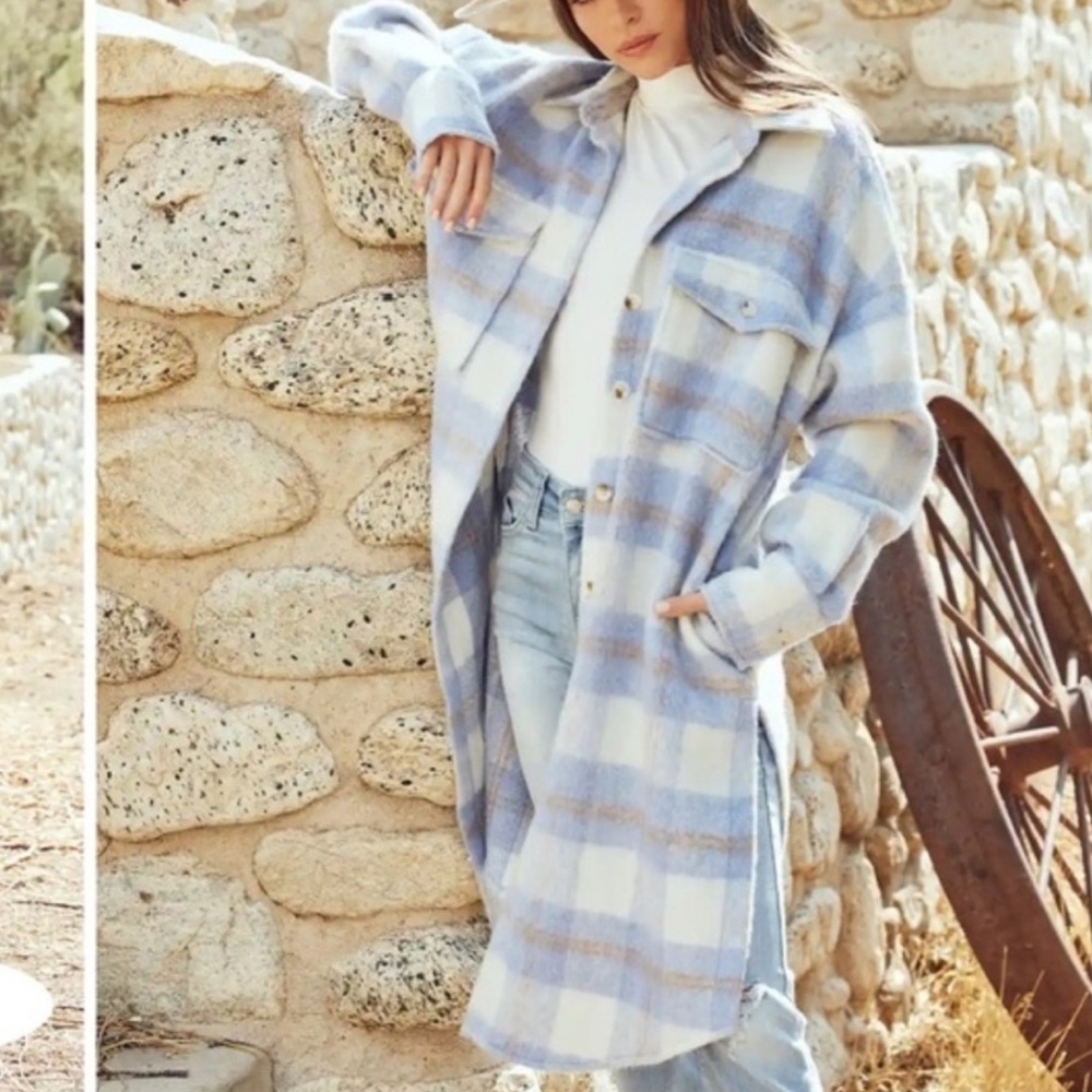 ACOA- Blue and Cream Plaid Fuzzy Button Down Jacket